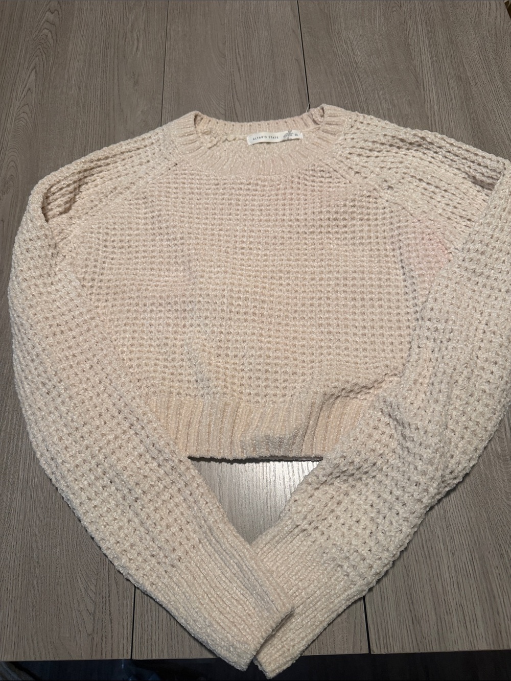 Altar'd State Light Cream Waffle-Knit Cropped Crew Sweater